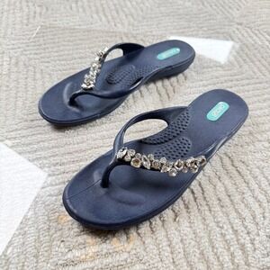 Oka-B Flip Flop Sandals Women's Medium Navy Blue Rhinestone Embellished Coastal